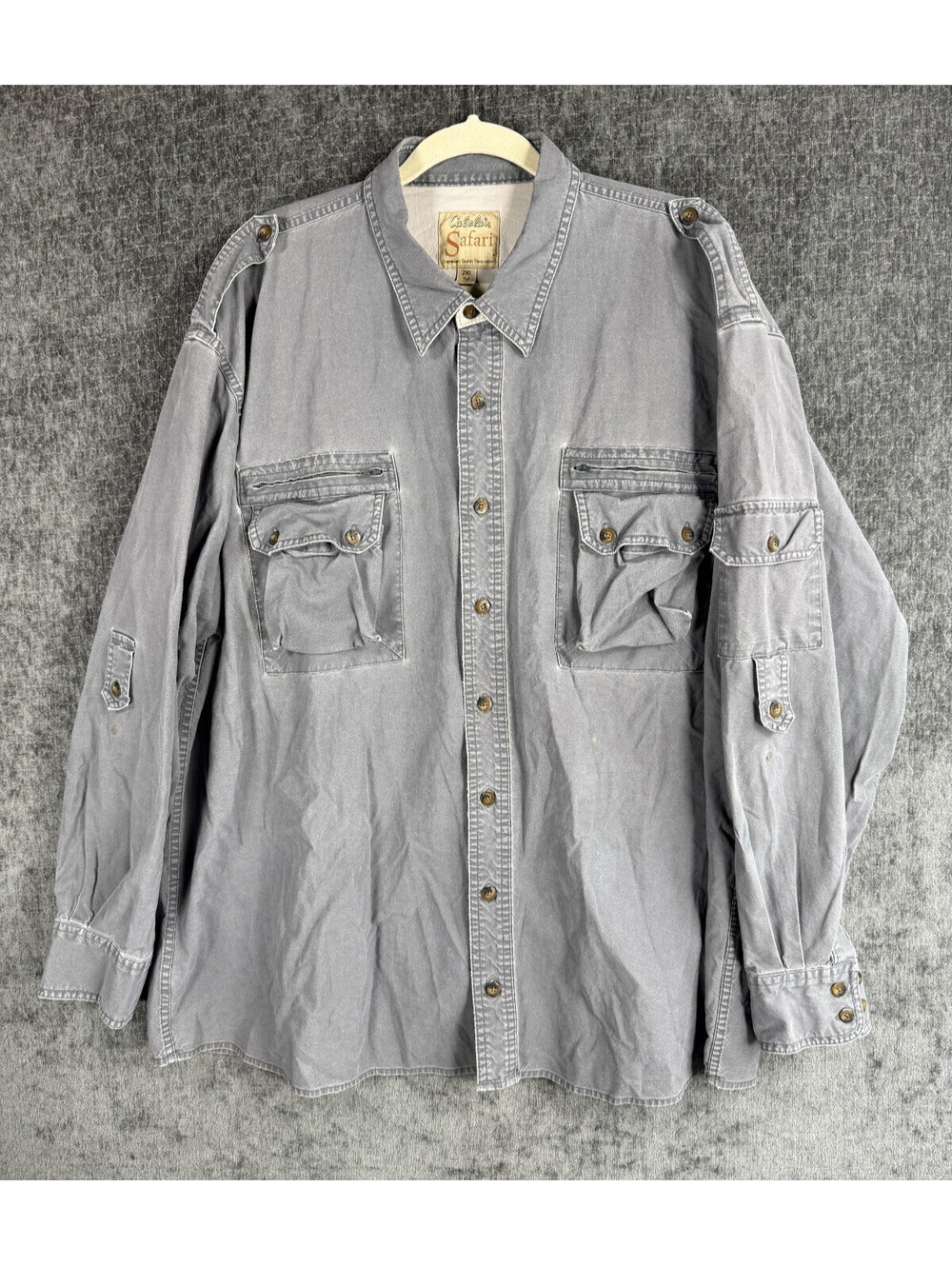 Cabelas Safari Series Mens 2XL Tall Shirt Grey Cargo Pockets Tactical Outdoor